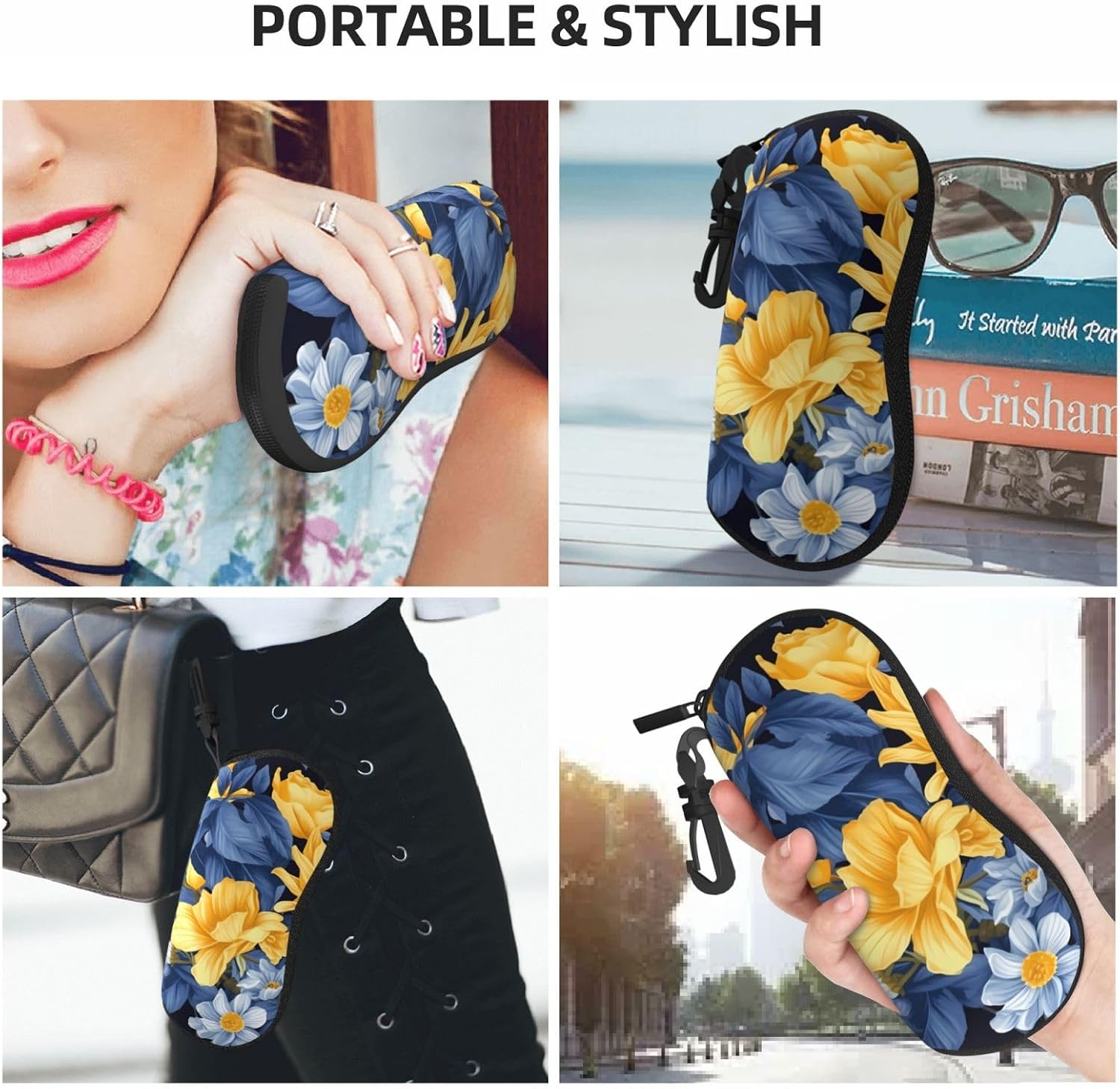 Sunglasses Soft Case for Women Men Blue Base Yellow Floral Eyeglasses Case Neoprene Sunglasses Pouch