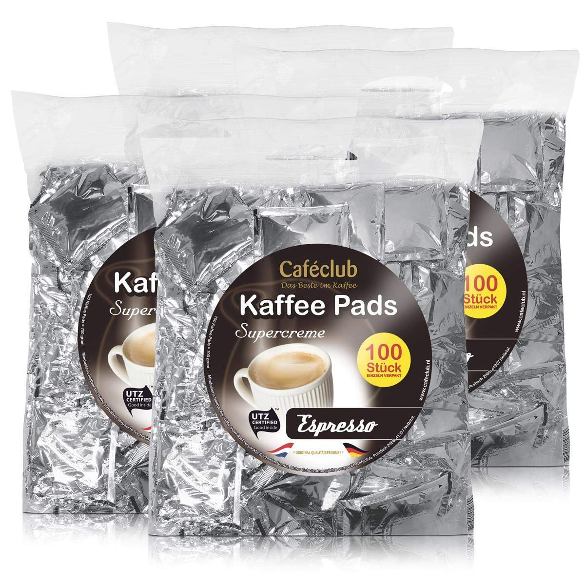 4x Cafeclub Espresso Kaffeepads Megabeutel je 100 stk. dunkle Röstung einzeln verpackt