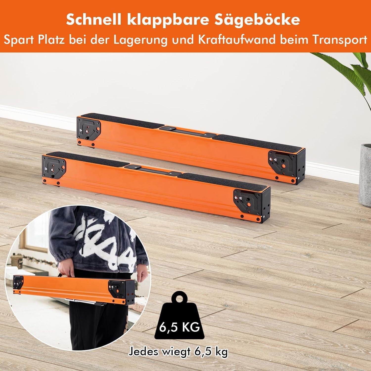 FANTASK 2er-Set Sägeböcke Klappbar, Tragbare Arbeitsböcke, robuste Metall-Sägehilfen Gerüstbock für Holzbearbeitung, Sägebock mit Griff bis 500 kg belastbar