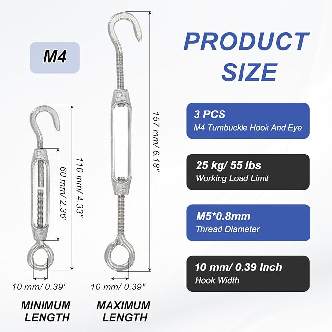 Tensor de cable con gancho y ojal M4 PATIKIL, 3 piezas, acero inoxidable 304, ajustable para cables de alambre, kit para tensar cables en barandillas miniatura 2