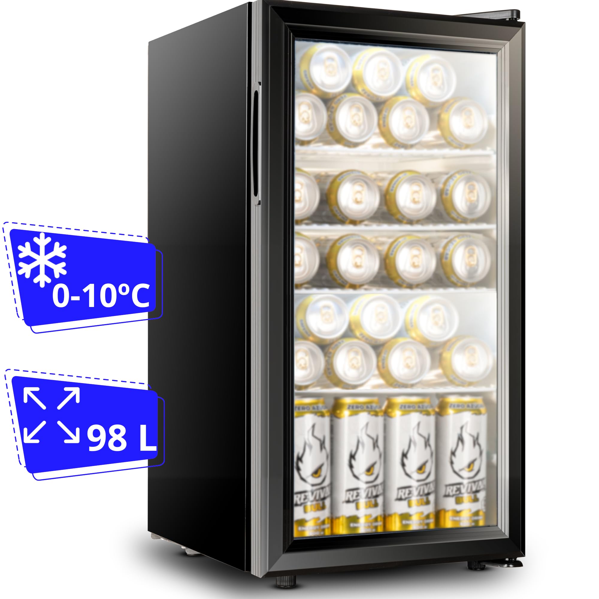 Mini frigorífico de 35 hasta 98 litros (temperatura de 0-10ºC). Nevera con puerta de cristal de bajo consumo. Mini nevera pequeña para habitación con puerta expositora. Frigoríficos pequeños (98L)