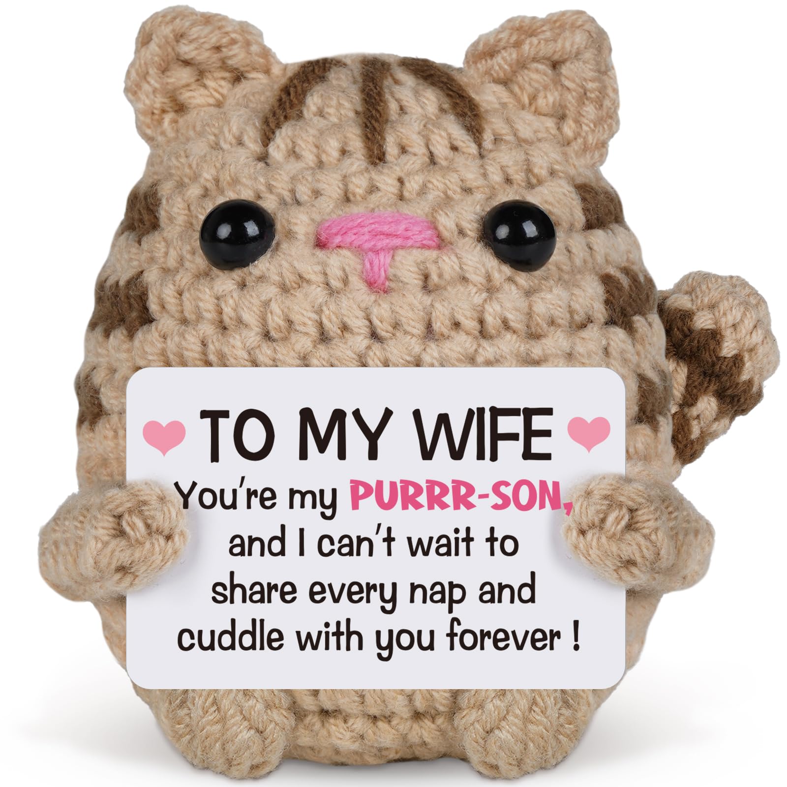 Sayregifty Gift for Wife from Husband, Funny Emotional Support Crochet Cat with Card, Romantic Wedding Anniversary Birthday Christmas Valentine Gift for Her, Women, Wife, Cute Home Decor Idea