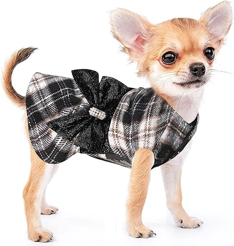 Vestidos tipo suéter para perros pequeños y niñas, ropa para cachorros, vestido de princesa a cuadros negros, vestido de princesa para perros,