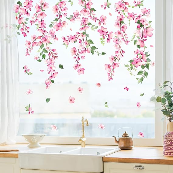 Cherry Blossom Flowers Window Stickers Summer Pink Branch Window Decals