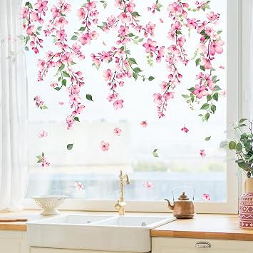 Cherry Blossom Flowers Window Stickers Summer Pink Branch Window Decals