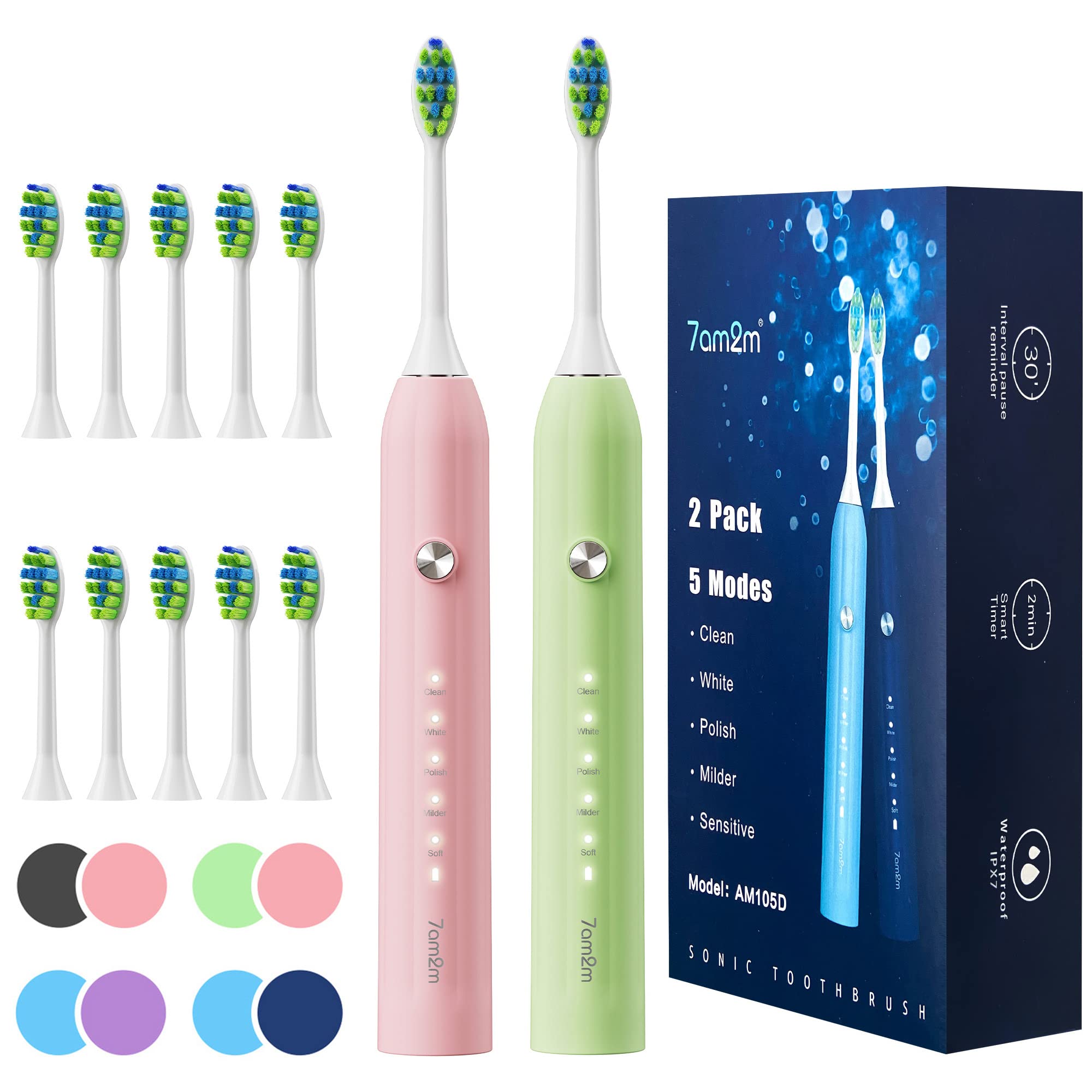7AM2M Rechargeable Sonic Electric Toothbrush 2 Pack, Soft Toothbrushes for Adults and Kids with 12 Brush Heads, IPX7 One Charge Use for 60 Days, 5 Modes with 2 Minutes Build in Smart Timer