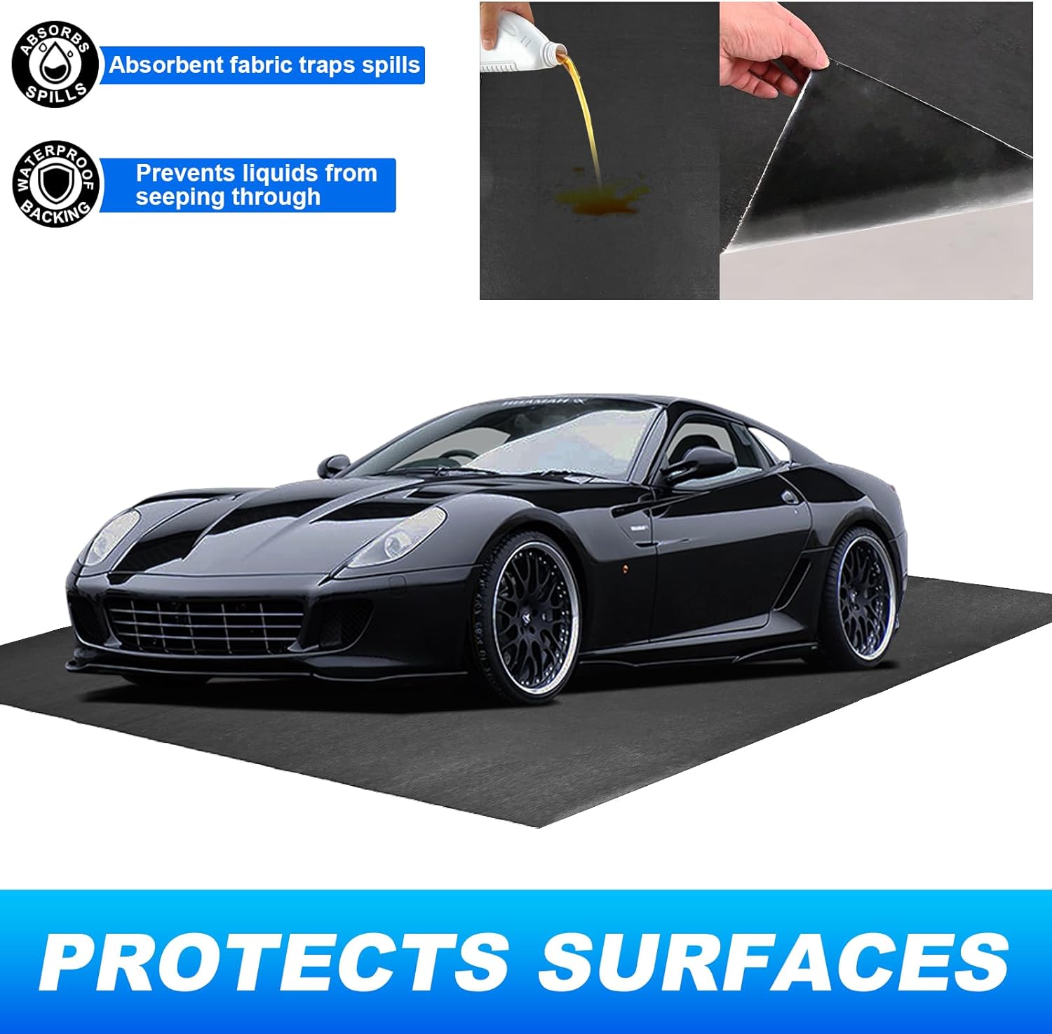 AAIN Oil Spill Mat (17' x 7'4"), Garage Floor Mat, Absorbent Oil Pad, Premium Maintenance Mat, Waterproof, Protect Garage Surface from Spill & Stain, Reusable, Washable, Durable, Black