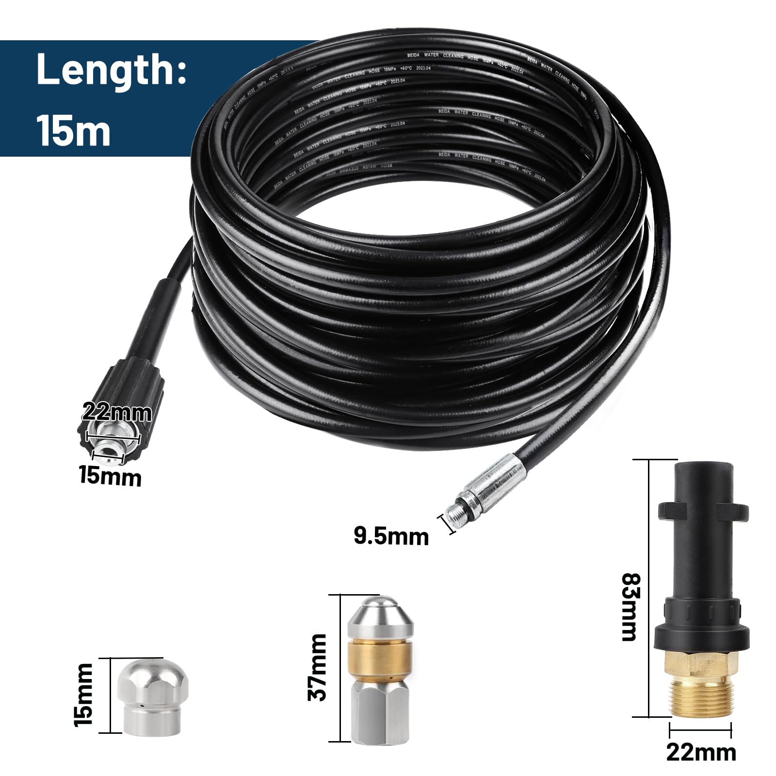 SWAWIS Manguera Limpieza Tuberías 15M 180 Bar Manguera Hidrolimpiadora Manguera Desatascador Tuberias a Presion con Boquillas Rígidas + Giratorias, Adaptador para Kärcher K2 K3 K4 K5 K6 K7