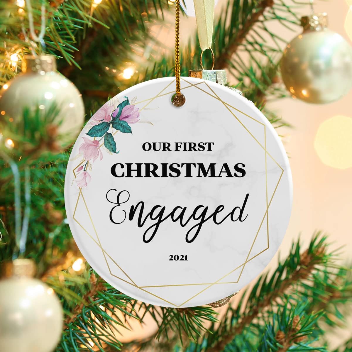 Our First Christmas Engaged 2022, Personalized Name Newly Married Ceramic Ornament, Custom Photo Ornament, Xmas Tree Ornaments Hanging Accessories, Gift for Lover, Customized Gift for Family