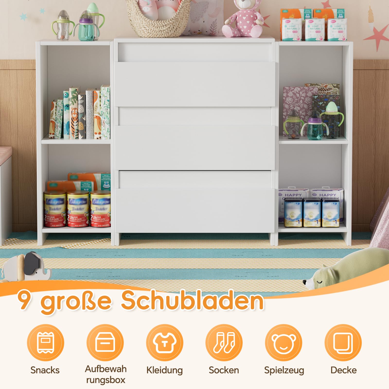2-in-1 Wickelkommode mit abnehmbarem Wickelaufsatz,Baby Wickeltisch Weiß, Kommode mit 3 Schubladen & 6 Seitlichen Regalen, Viel Stauraum für Babyzimmer,73x70x85.8.6cm,Weiß