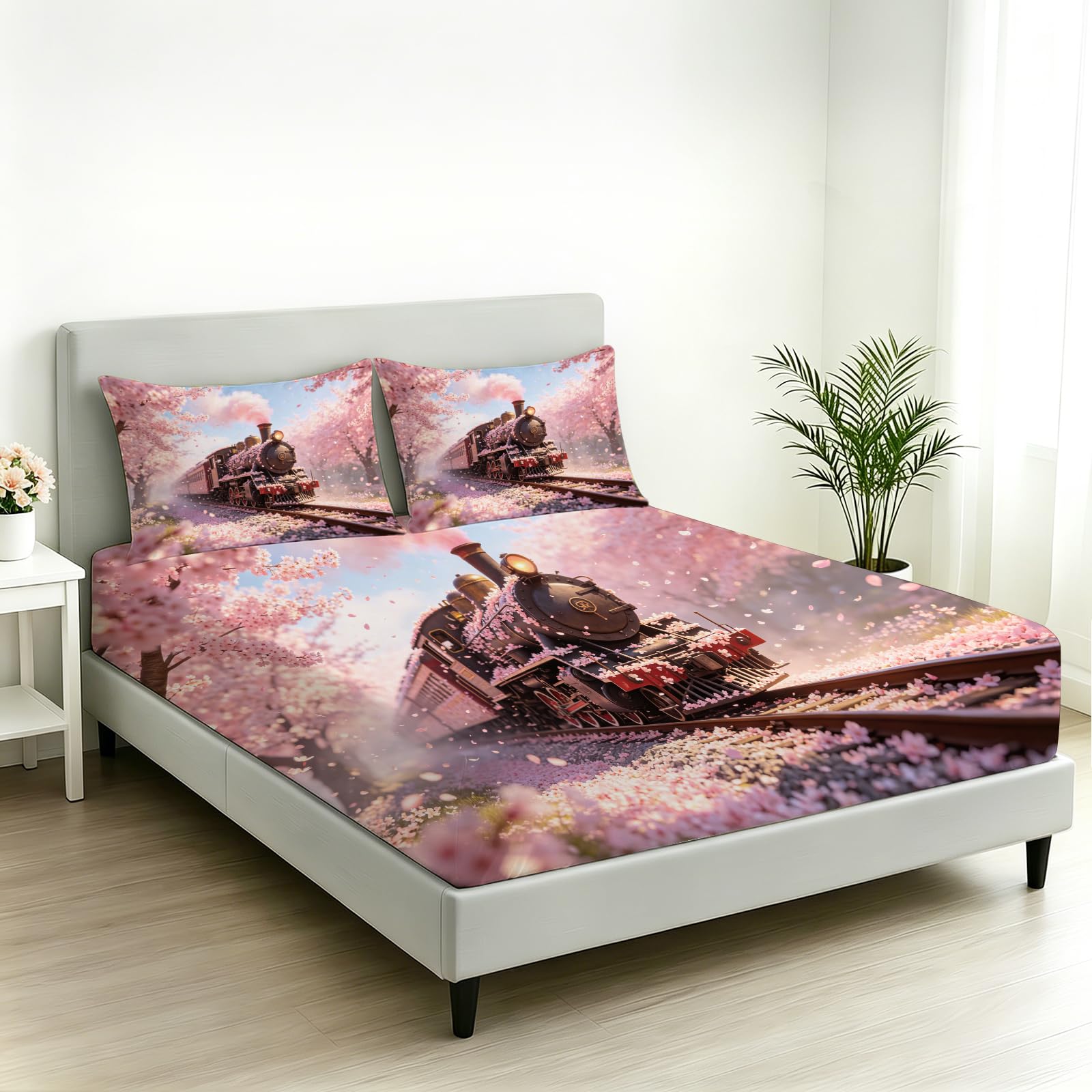 Sábana Bajera Ajustable 150 x 200 Flor de Cerezo Tren Retro