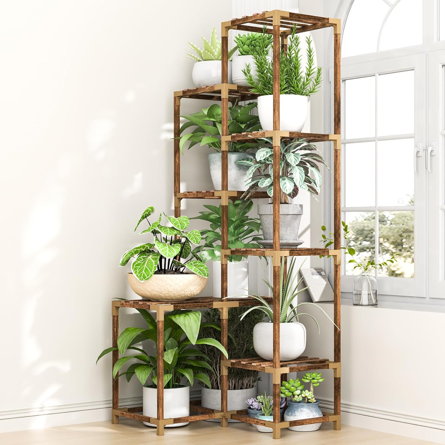 HOMKIRT Estante de esquina de 10 niveles alto para plantas para interiores y exteriores, soporte grande de madera para plantas, soporte para