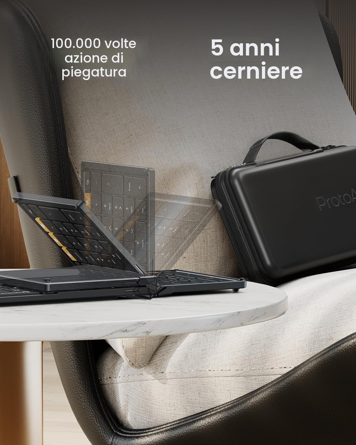 ProtoArc XKM01 - Set tastiera e mouse pieghevole, QWERTZ, 2,4 G + Dual Bluetooth | Full Size 105 Tasti con Blocco Numerico Ricaricabile con Custodia Rigida e Supporto per iPad/Tablet/Laptop/iPhone