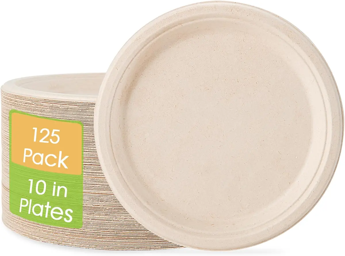 ECOLipak 100% Compostable 10 inch Paper Plates, 125 Pack Heavy Duty Paper Plates, Disposable Biodegradable Eco-friendly Sugarcane Bagasse Plates for Dinner Party