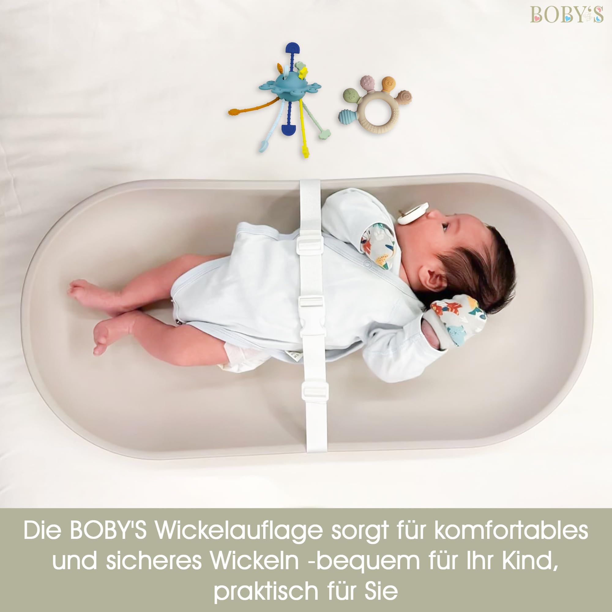 BOBY’S Wickelauflage Baby aus PU-Schaum mit Sicherheitsgurt – rutschfest & abwaschbar, Anti-Roll Design, für Wickeltisch & Kommode, hygienisch, ca. 72,5 × 35,8 cm