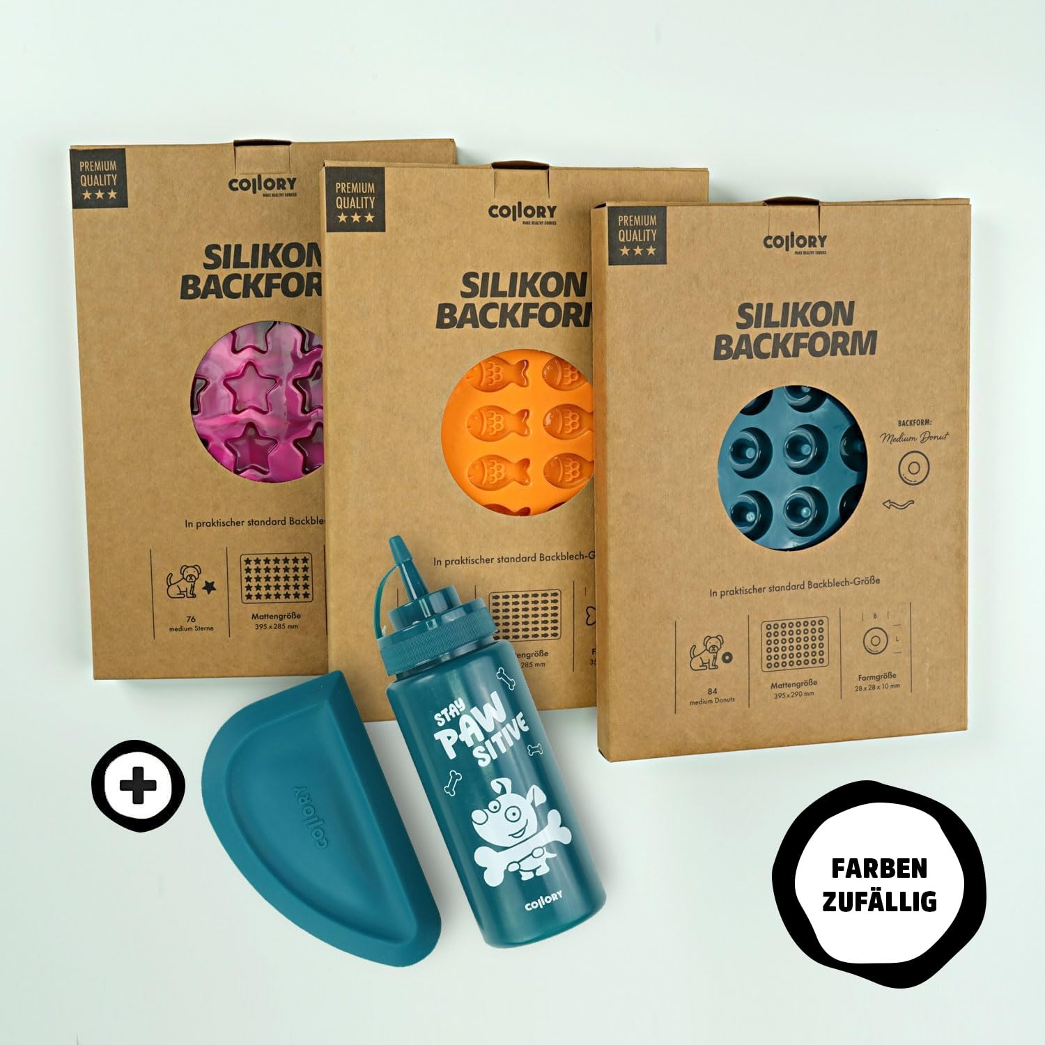 Collory große Backmatten Hundekekse Starter Paket inkl. Zubehör (5er Set), Hundeleckerlis in MEDIUM backen, Dosierflasche und Schaber, Lebensmittelecht & Bpa-frei