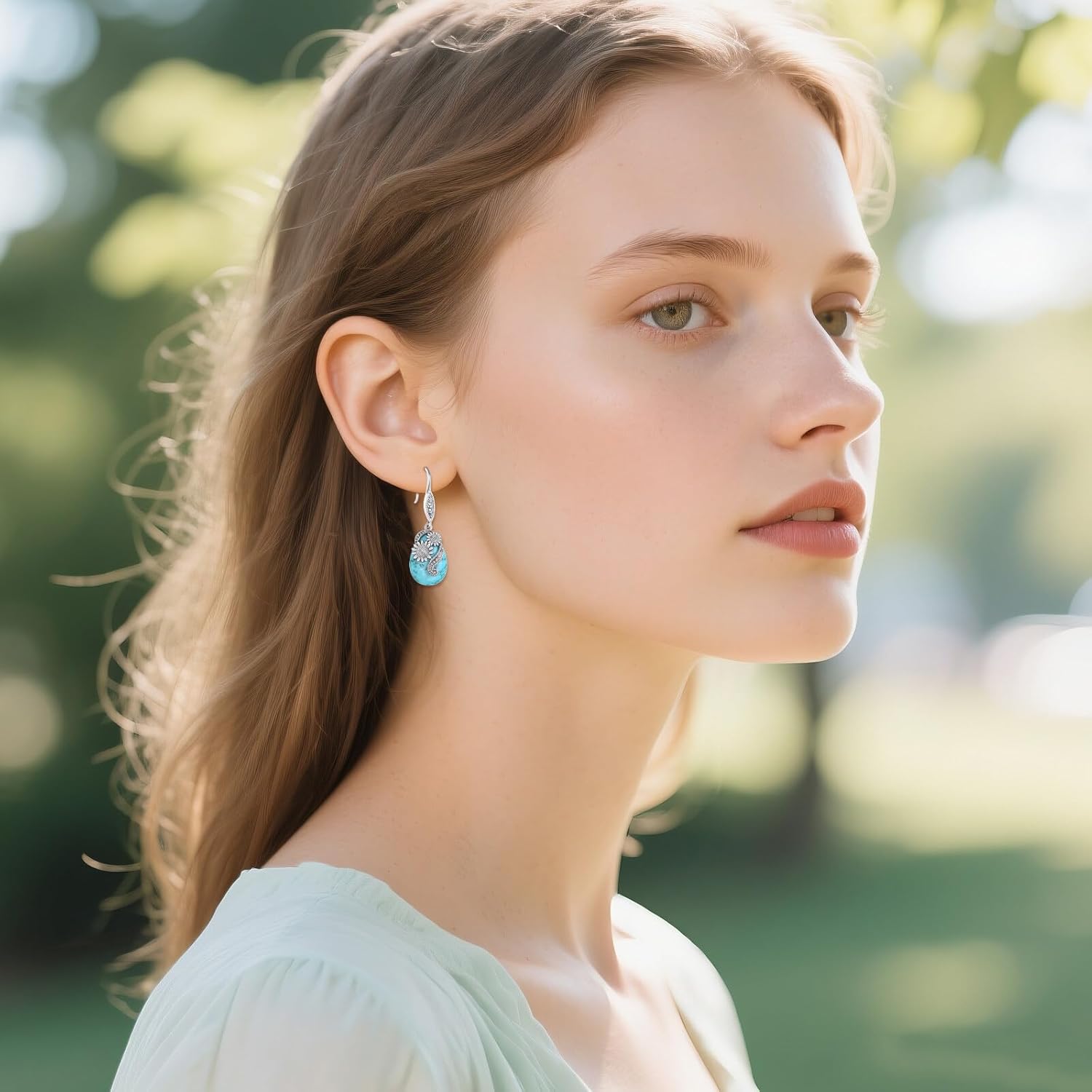 Natural Turquoise Earrings for Women 925 Sterling Silver Vintage Sunflower with Turquoise Drop Earrings - Image 4
