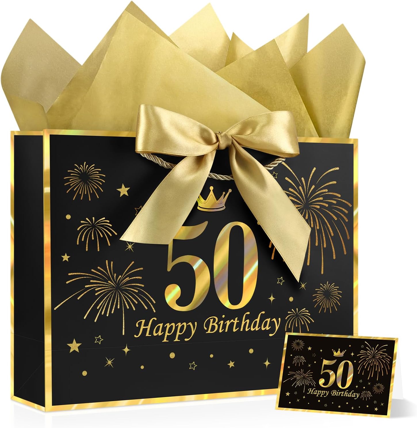 JMANNI Black Gold 50th Birthday Gift Bag with Card and Tissue Paper, 12.6"×9.84"×3.9" Elegant Present Bag for Men Women, 50 Year Old Birthday Keepsake Party Supplies