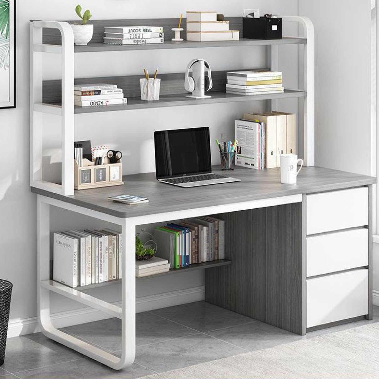SXZenSpace Modern Gray Writing Desk with 3 Drawers and Storage Shelves Home Office Laptop Workstation Study Table (100cm)