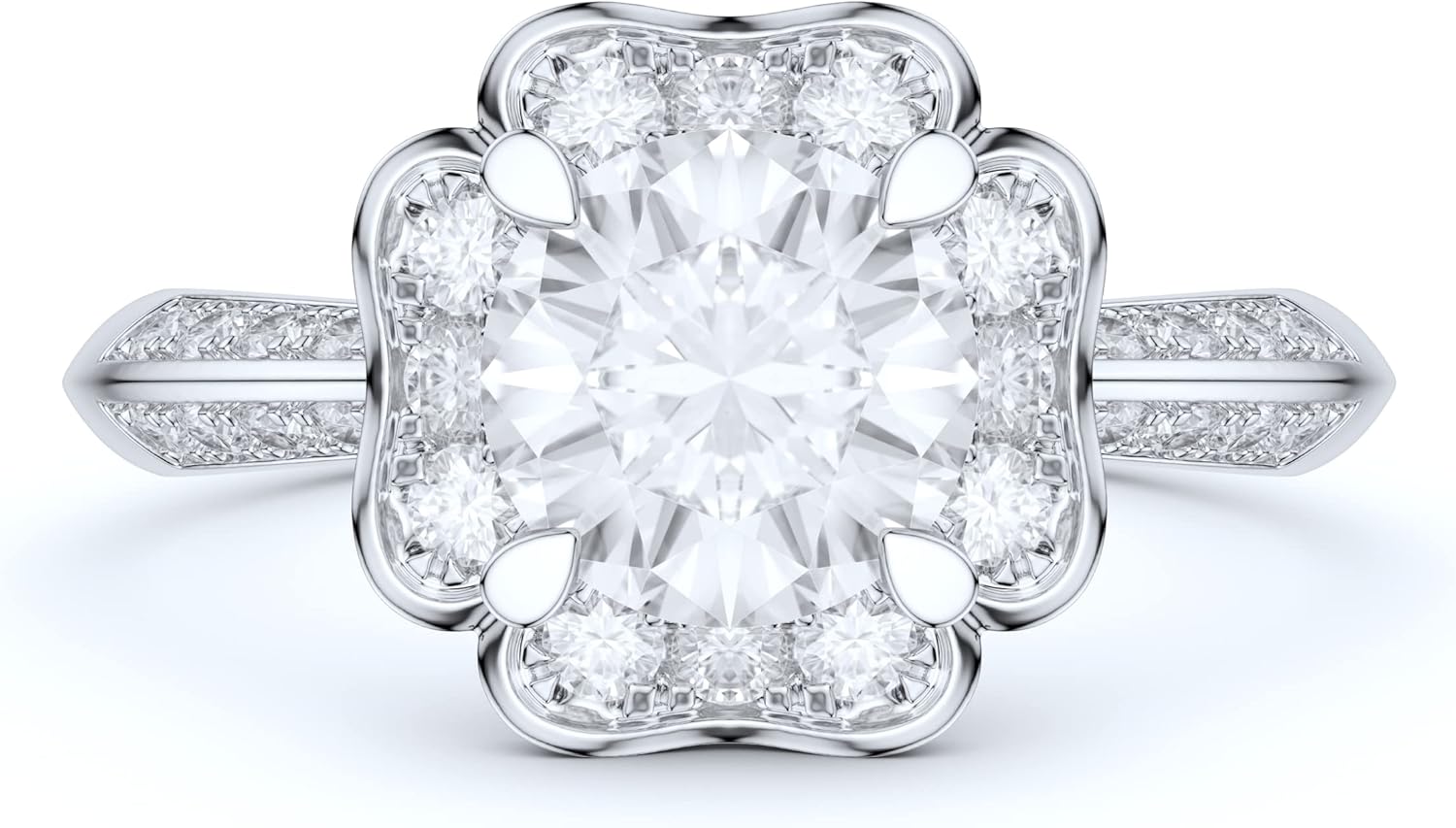 Real 14k White Gold Romantic Flower Like Clovers Halo 4-Prong Set 1.0 CT Simulated Diamond or Moissanite Engagement Ring