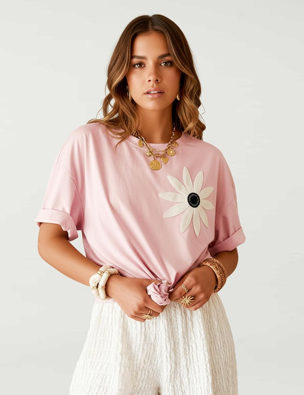 Women's Loose Fit Short Sleeve Crew Neck T-Shirt Solid Casual Floral Tops for Beach Work and Everyday Wear - Image 2