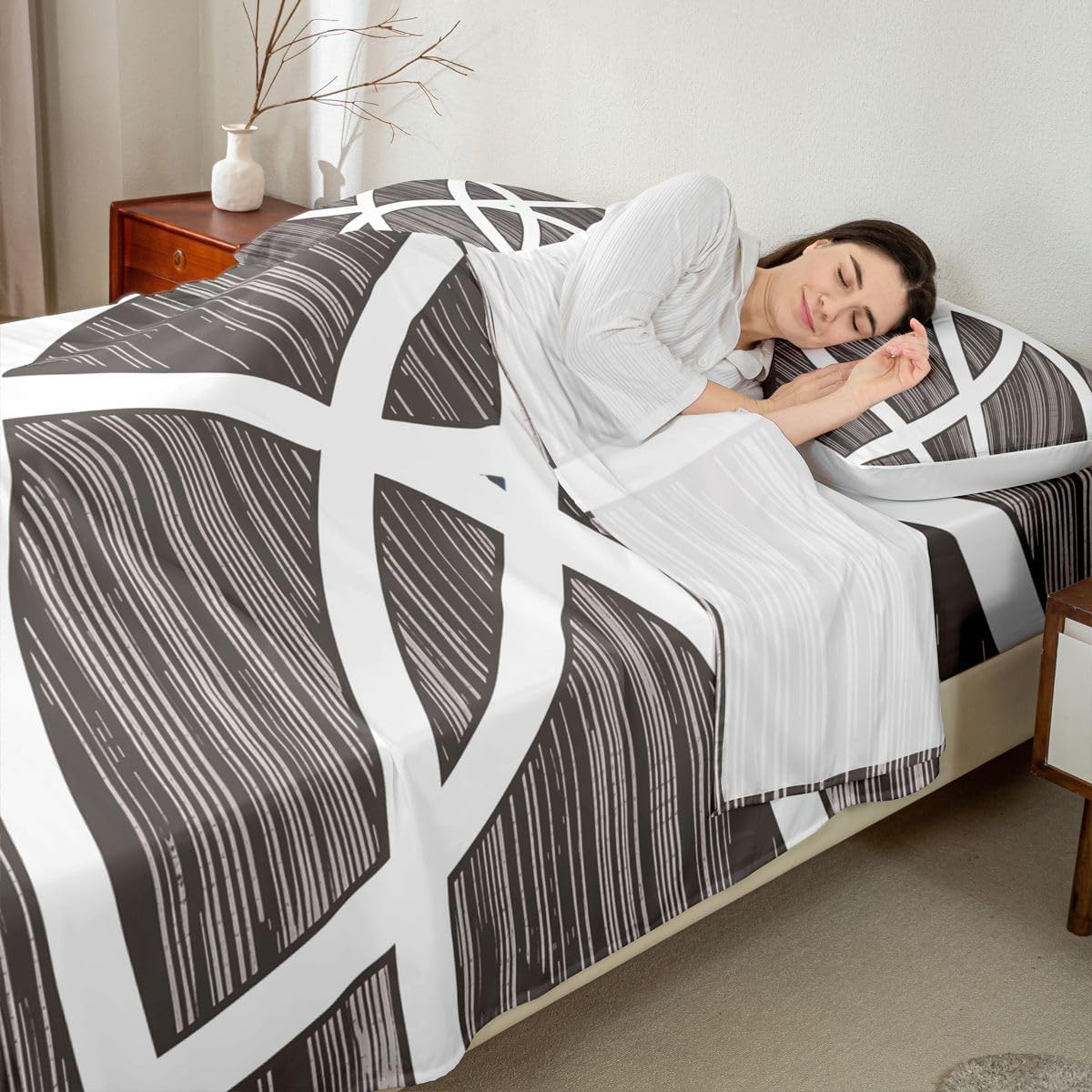 Feelyou Abstract Neutral Art Bed Sheets Set Full Size Abstract Lines Bed Set for Kids Boys Girls Modern Deep Pocket Fitted Sheet Breathable Soft Lightweight Microfiber