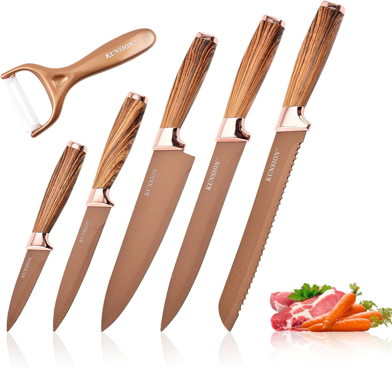 RETROSOHOOKitchen Knife Set, 6PCS Ultra-Sharp Gold Chef Knife Set with Ergonomic Handle, Stainless Steel Cooking Knife Set with Non-stick Coated Blades, Professional Knives Set with Gift Box (Gold)