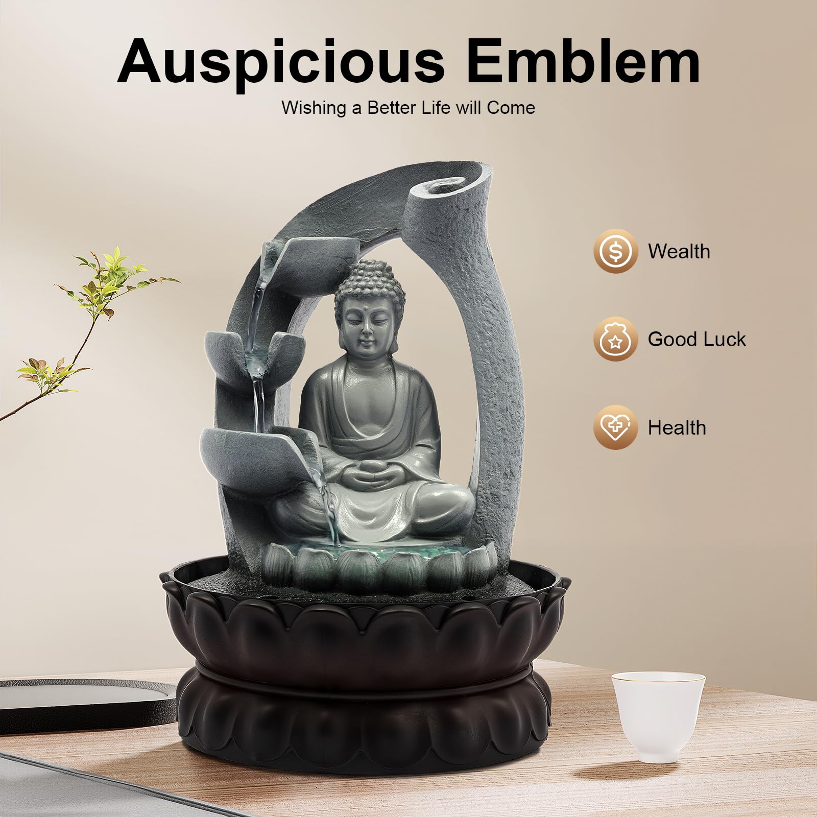 Fontaine Bouddha avec lumière LED - Fontaine de table Shui zen - Décoration en résine - Bouddha - Base lotus - Décoration d'intérieur