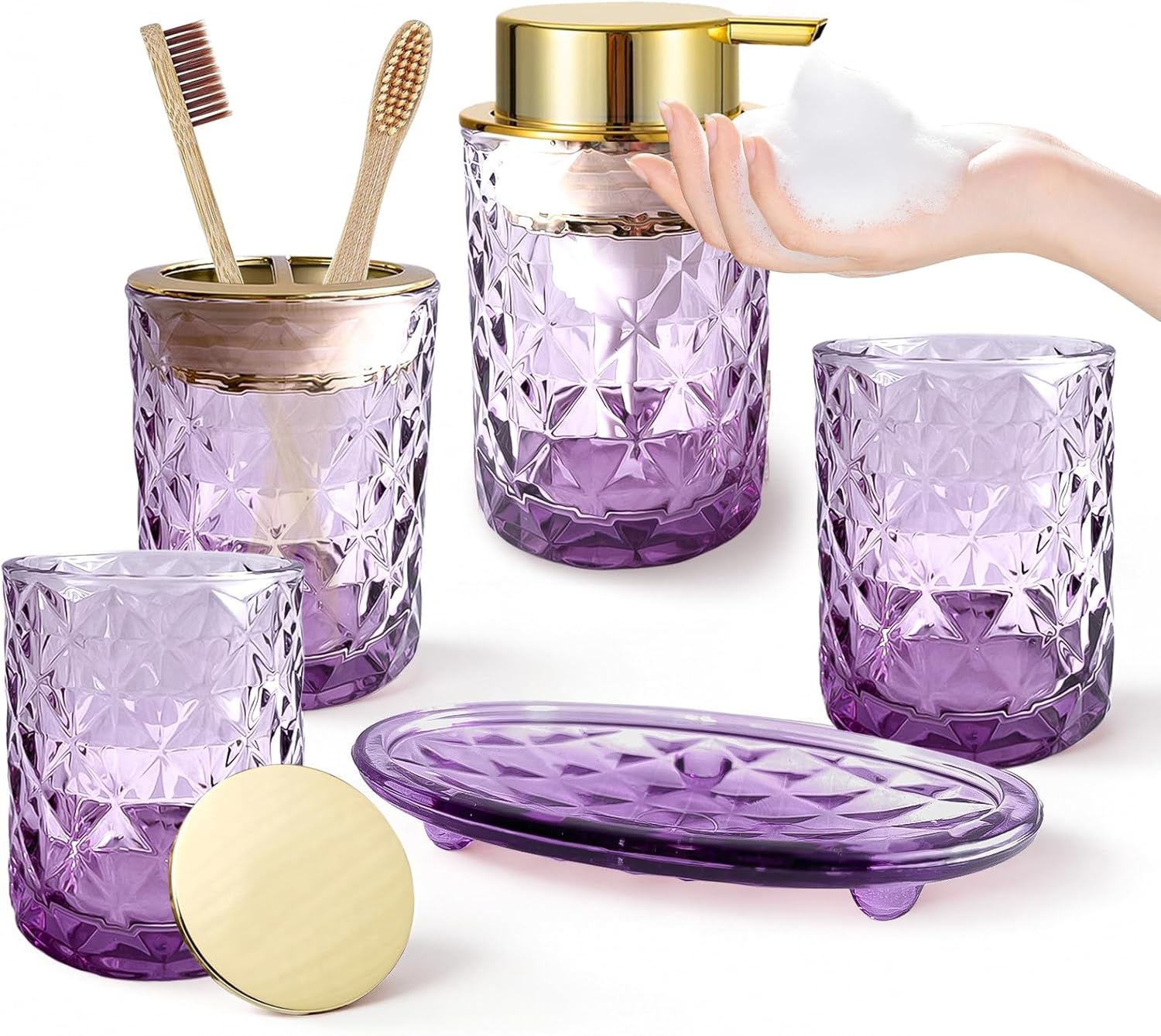 5PCS Bathroom Accessory Set,Purple Bathroom Countertop Organizer Set with Soap Dispenser, Toothbrush Holder, Tumbler, Q-tip Holder & Soap Dish,Elegant Functional Glass Set, Gift for Home & Apartment