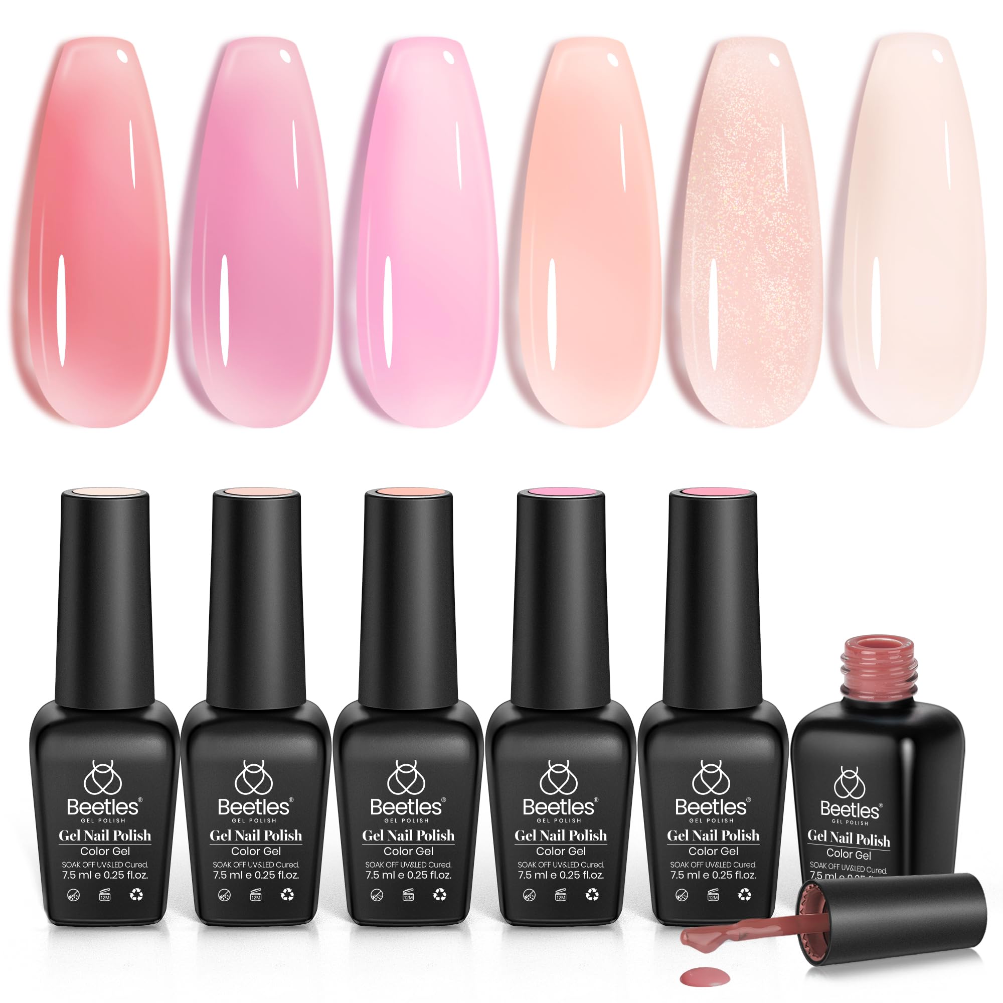 Beetles Jelly Gel Nail Polish Set, 6 Colours Aesthetic Nude Shimmer Giltter Nails Sheer Pink Gel Polish Kit Translucent Soak off Uv DIY Manicure Gifts for Women Girls