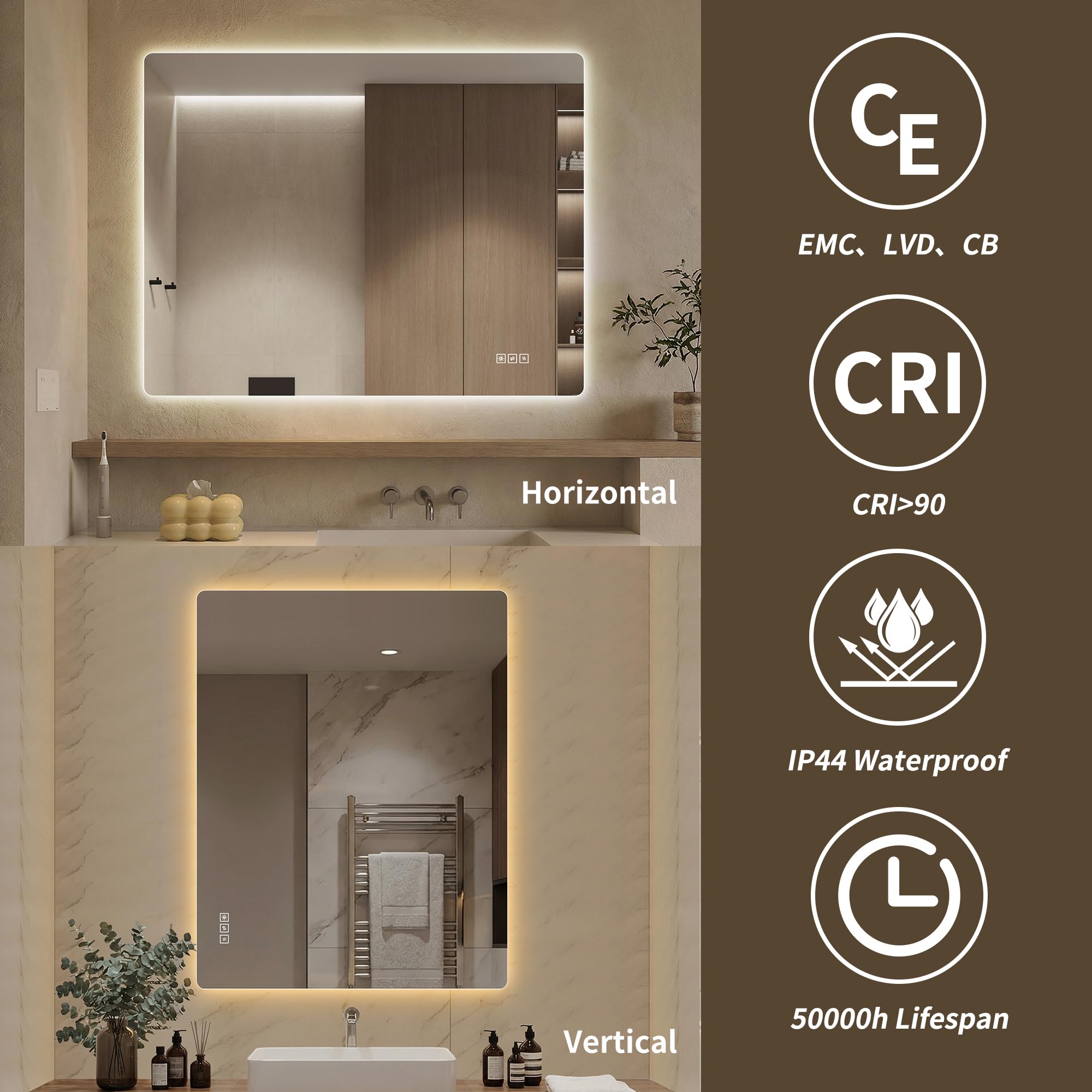 Gecheer LED Spiegel Badezimmer 70x90cm dimmbar mit Touch Control Anti Fog HD kupferfreiem Glas für Make up Rasur Pflege Badezimmer Schlafzimmer Ankleidezimmer