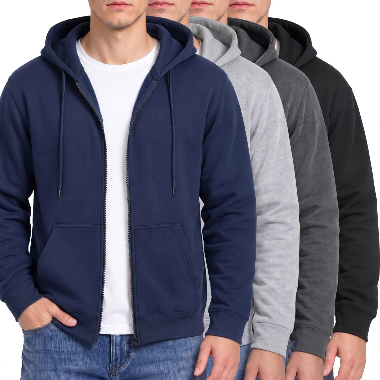 Chicingyou 4 Pack Men's Fleece Zip up Hoodies Sweatshirt Lightweight Fleece Long Sleeve Zip up Hoodies Bulk with Pockets Drawstring Hood, Fall Winter Sweatshirt for Daily Casual Wear