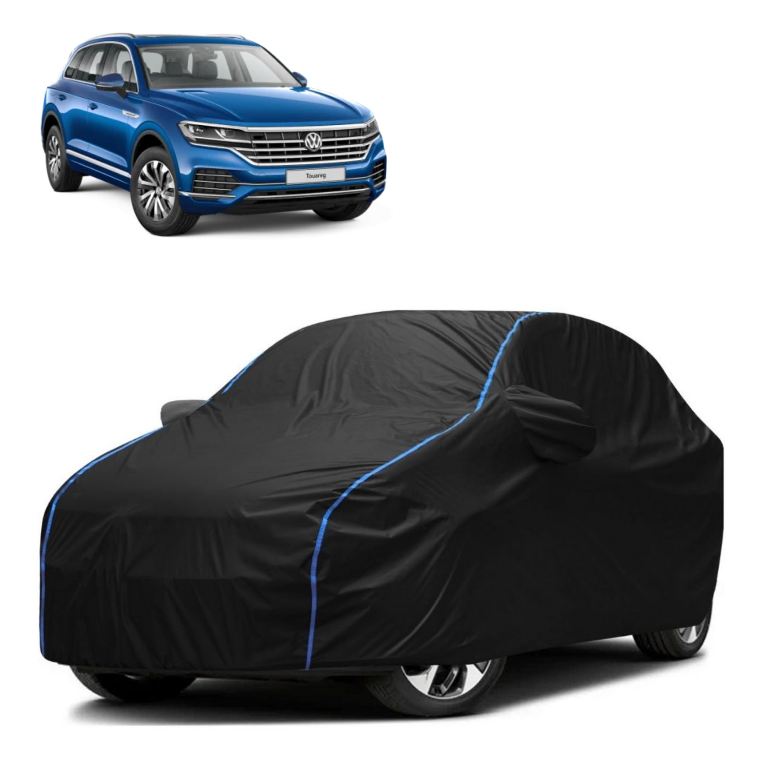 FAVY All Weather Resistant Car Body Cover Compatible with Volkswagen Touareg Scratch Proof, Anti-Dust, UV Protection with Windproof Buckle Strap and Mirror Pockets, Bottom Elastic Fitted-Black