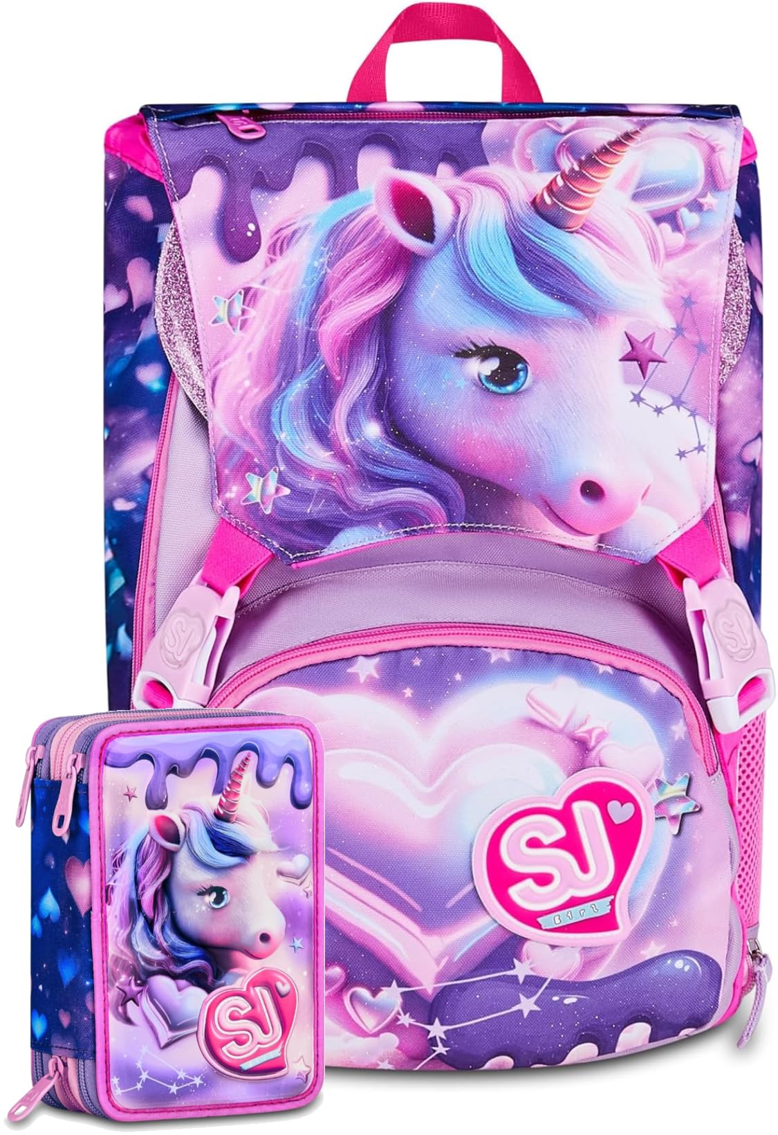 BATMAN Schoolpack Zaino SJ Gang Unicorno Pixie Rosa Estensibile + Astuccio 3 Zip Completo