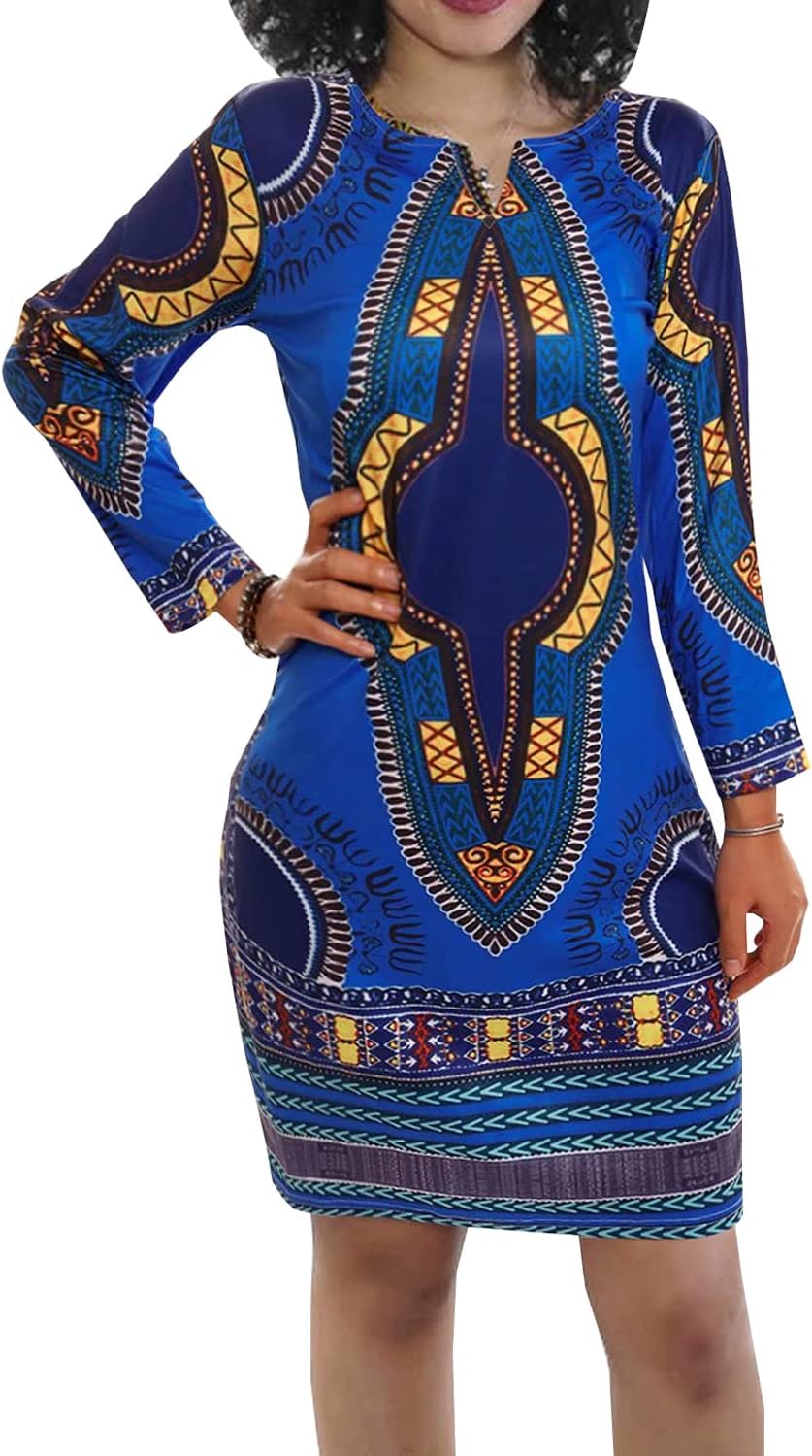 Women's Bodycon Dashiki African Midi Dresses Bohemian Vintage Club Dress with Pocket - Image 2