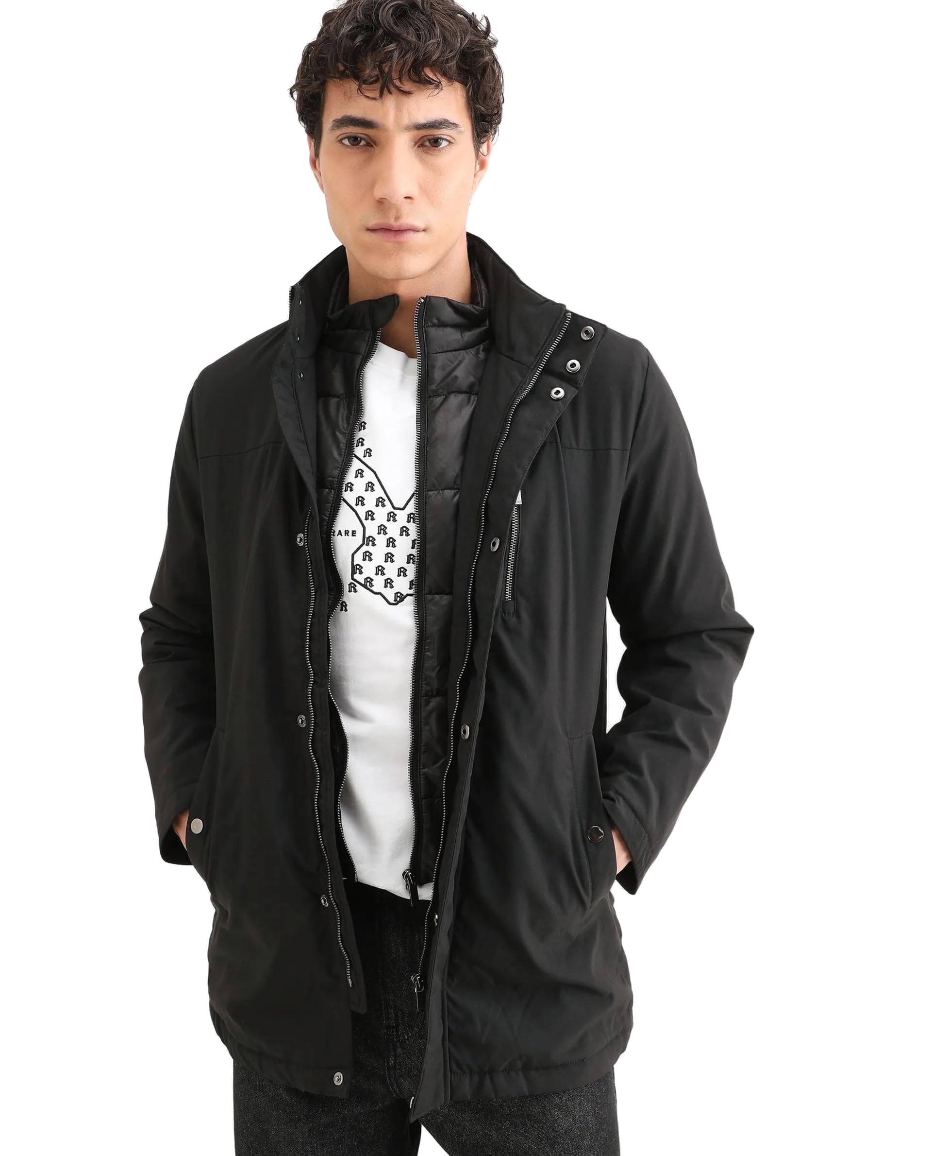 rare rabbit Men Regular Solid Black Polyester Zipper Stand Collar Jacket-picture-17
