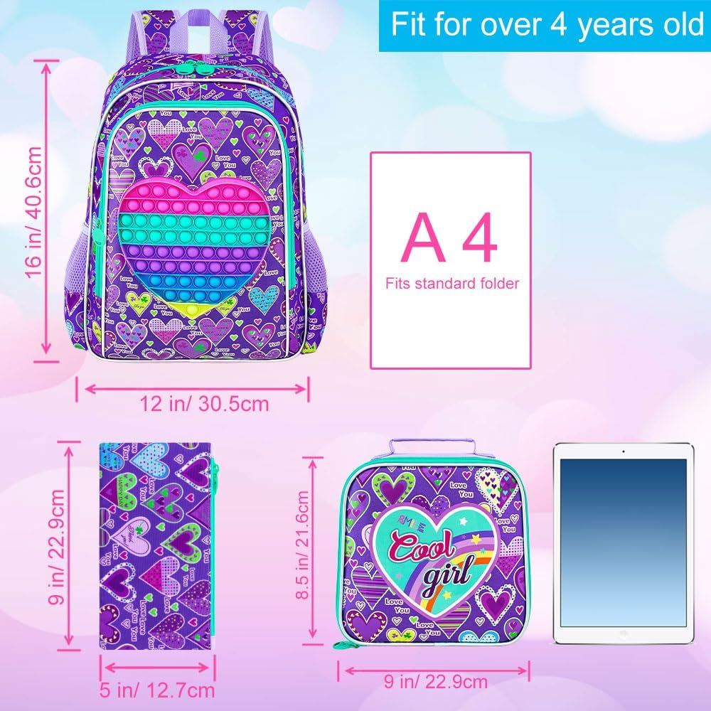 3PCS Girls and Boys Backpack, 16" Kids Bookbag with Lunch Box, Water Resistant School Bag for Elementary Prechool