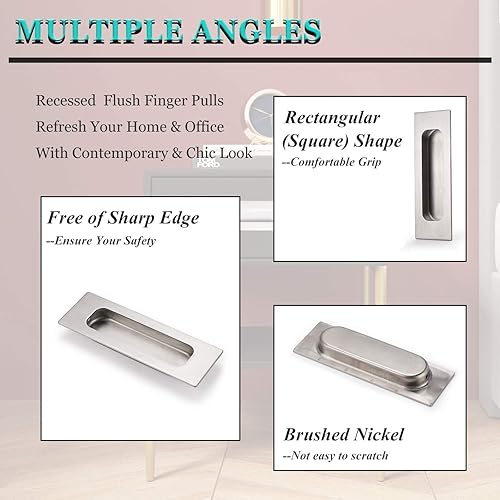 Miniatura 6 de Probrico Paquete de 2 tiradores rectangulares empotrados de níquel cepillado para puertas correderas empotradas, manijas de acero inoxidable para