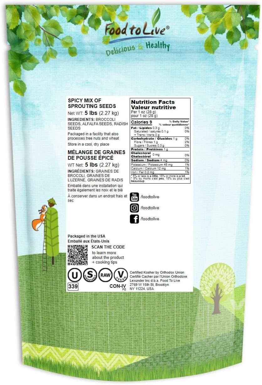 Food to Live Spicy Mix of Sprouting Seeds, 5 Pounds - Broccoli, Radish, Alfalfa, Kosher, Raw