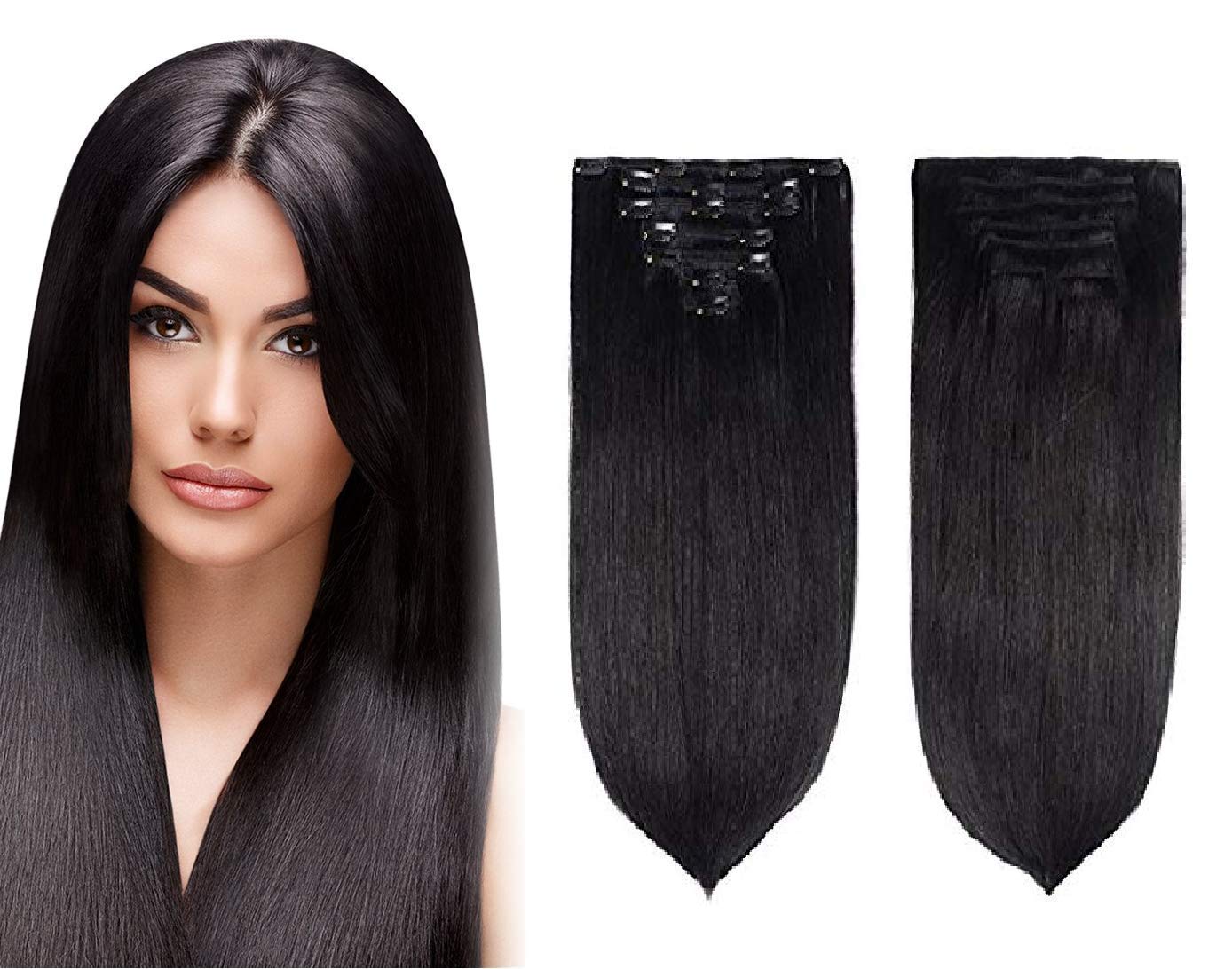 Baal Human Hair (Remy) Clip In 7 Piece Set Hair Extension 24 Inch Straight (50 Gram,Black)