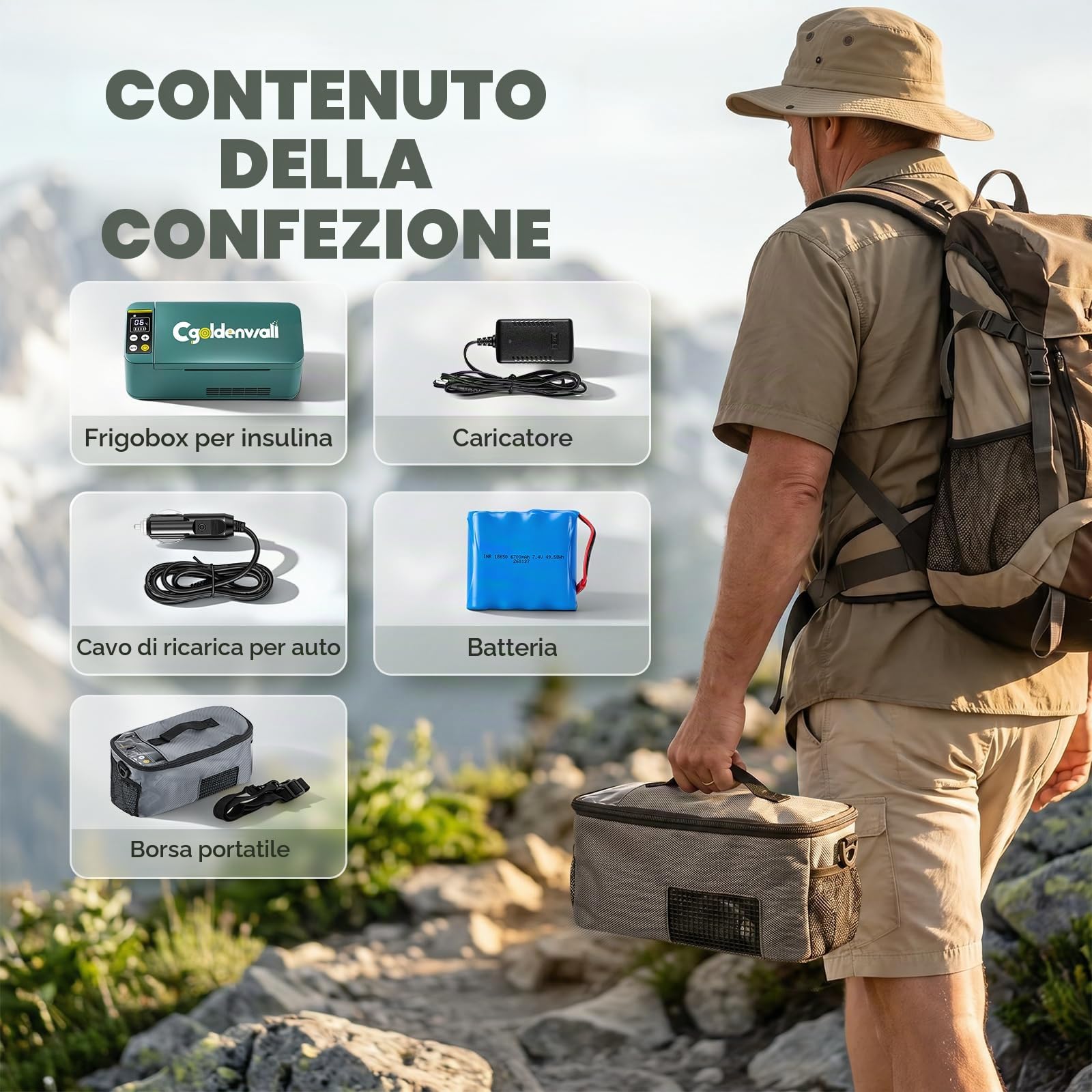 CGOLDENWALL Frigorifero Portatile per Insulina con 1 Batteria, 2‑20℃ Regolabile, Frigo per Medicinali da Viaggio per Uso Domestico, in Auto e all'aperto (Verde)