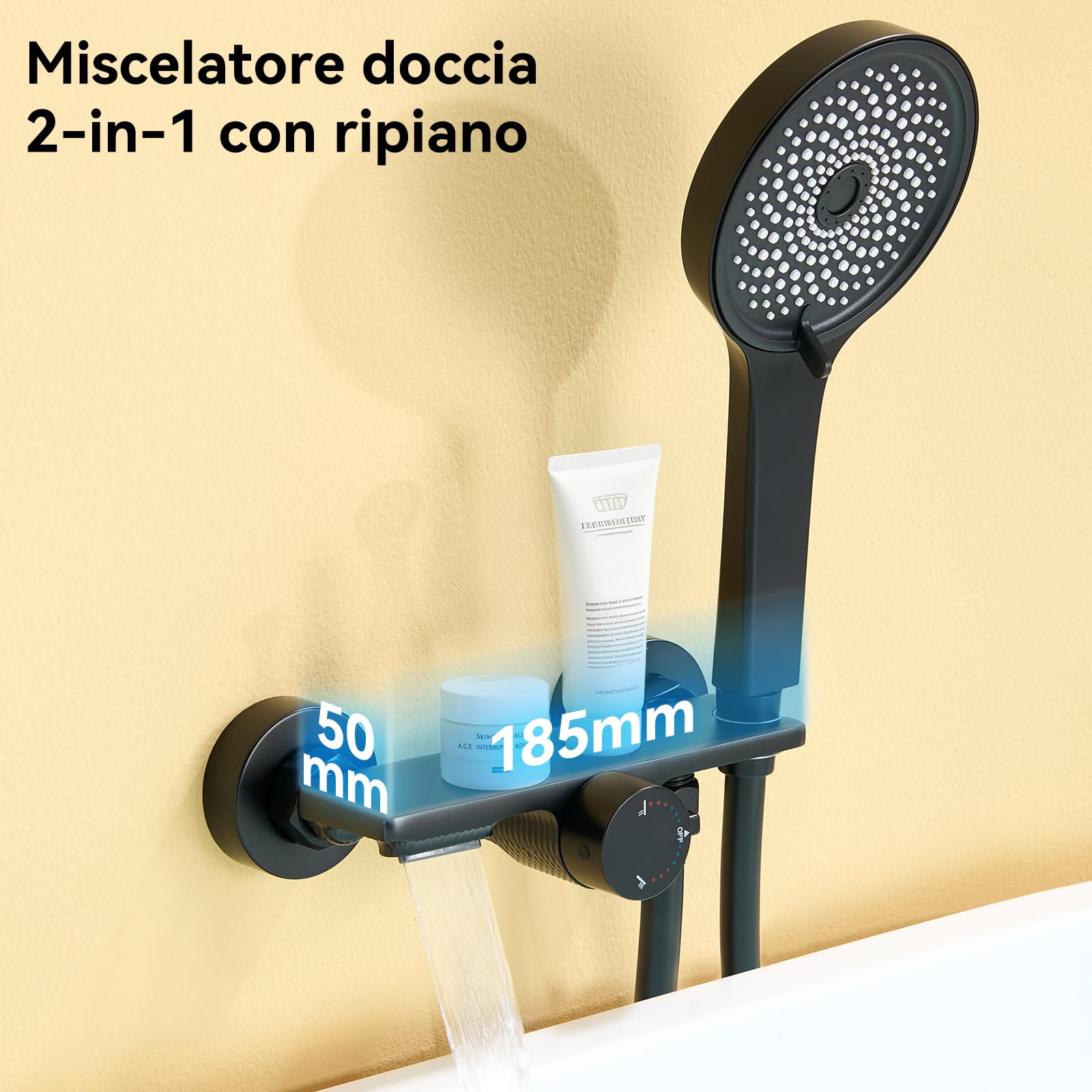 Auralum Rubinetto Vasca da Bagno con Doccetta 5 Geti, Miscelatore Vasca da Bagno a Cascata, Miscelatore Doccia Nero con Tubo Doccia PVC 1,5 m, Rubinetto Doccia con Supporto Soffione Doccia Regolabile