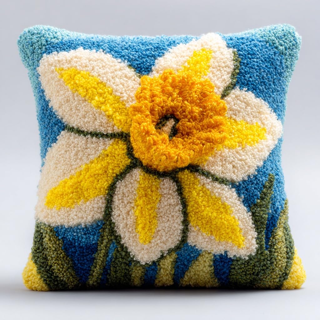 Henypt DIY Latch Hook Kits Pillow, Yellow Flowers Latch Hook Kits Pillow Case Embroidery Carpet Set Needlework Crocheting Cushion Embroidery Set 43x43cm