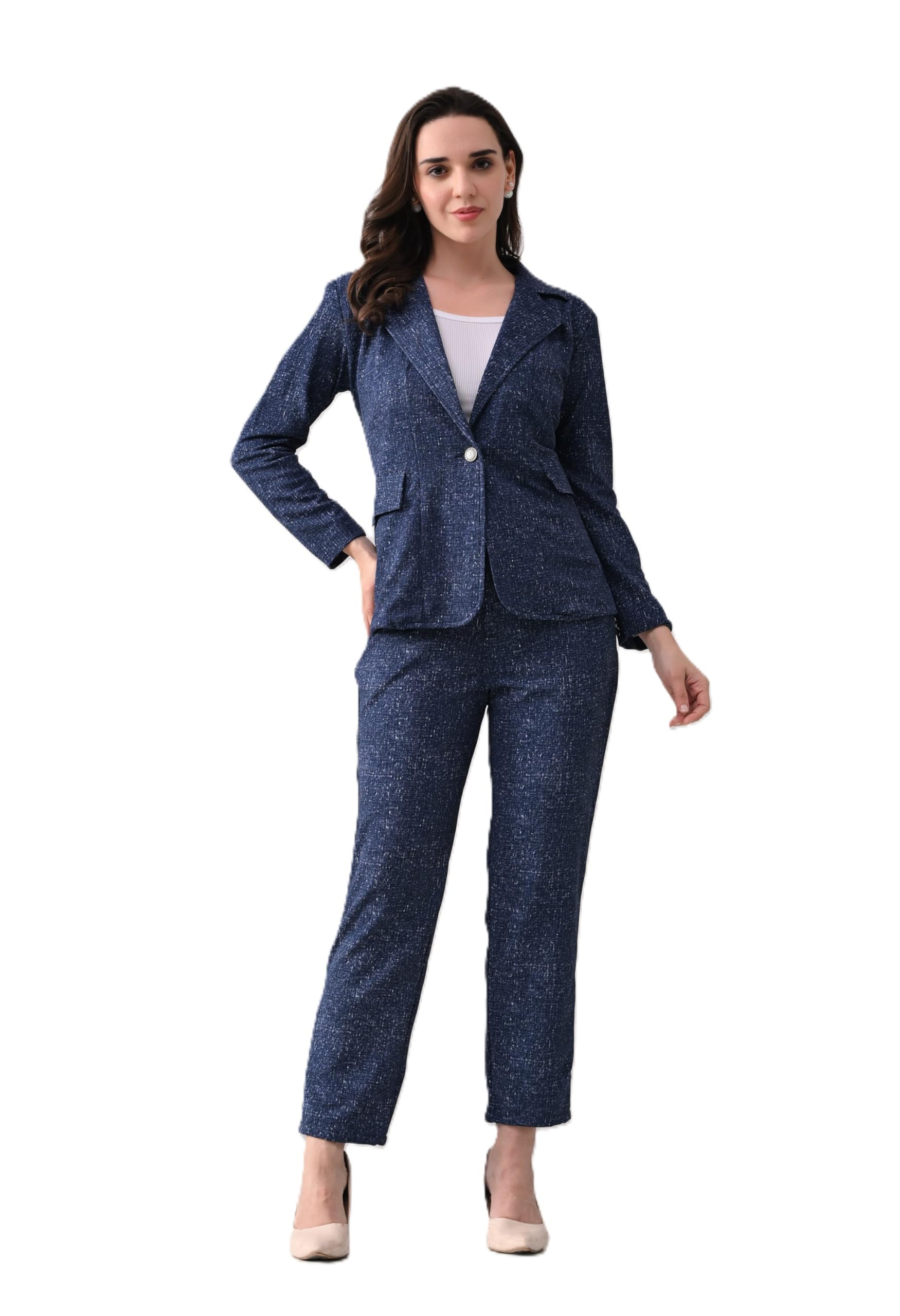 Women’s Denim Blue Cotton Blend 3-Piece Co-Ord Set with Blazer, Black Camisole & Trousers | Office, Business & Formal Wear Outfit Suit Set for Women