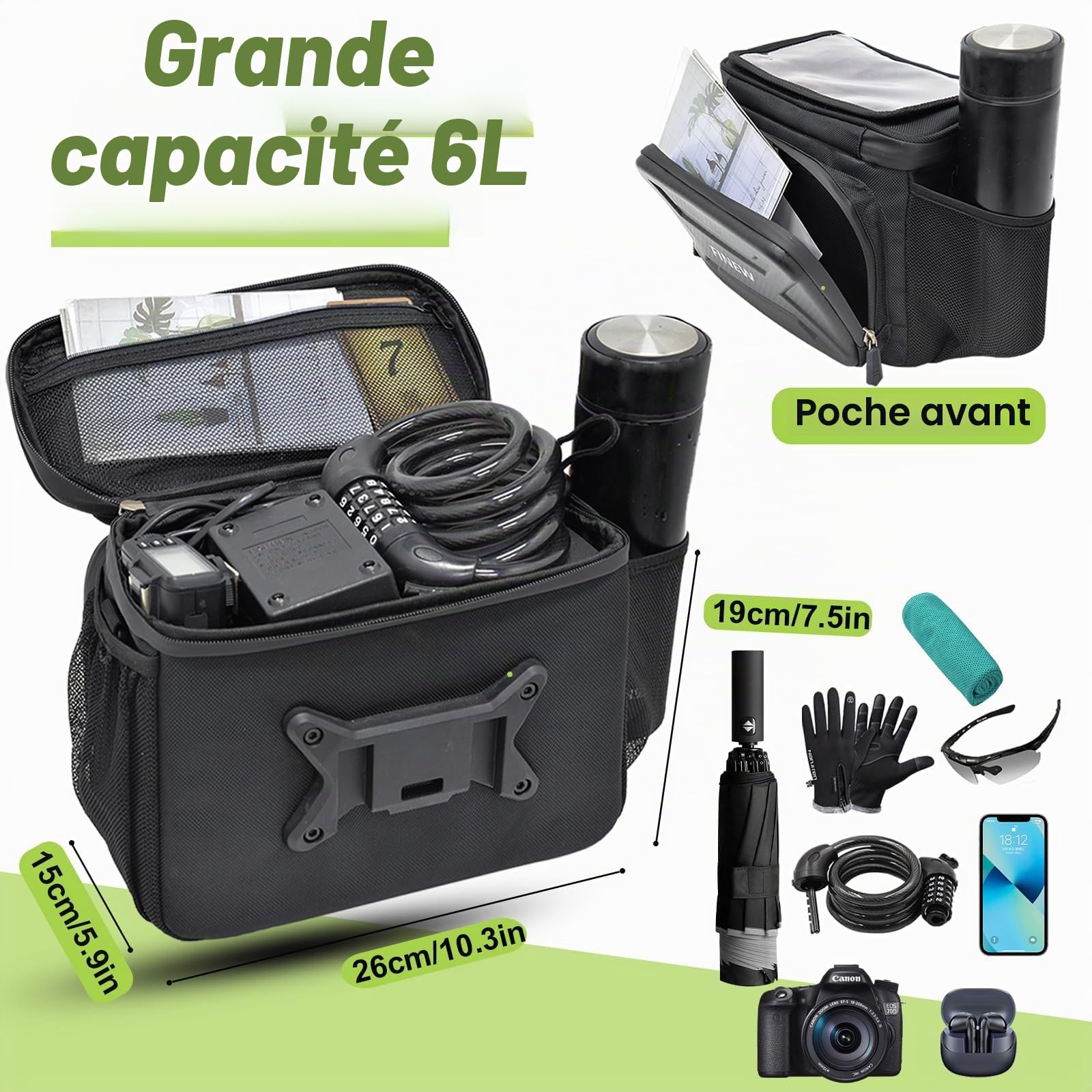 Sacoche de guidon FINEW pour vélo avec adaptateur de guidon pour E-Bike et vélo, panier avant de vélo de 6L, sacoche de guidon étanche avec support pour téléphone portable, écran tactile, bandoulière