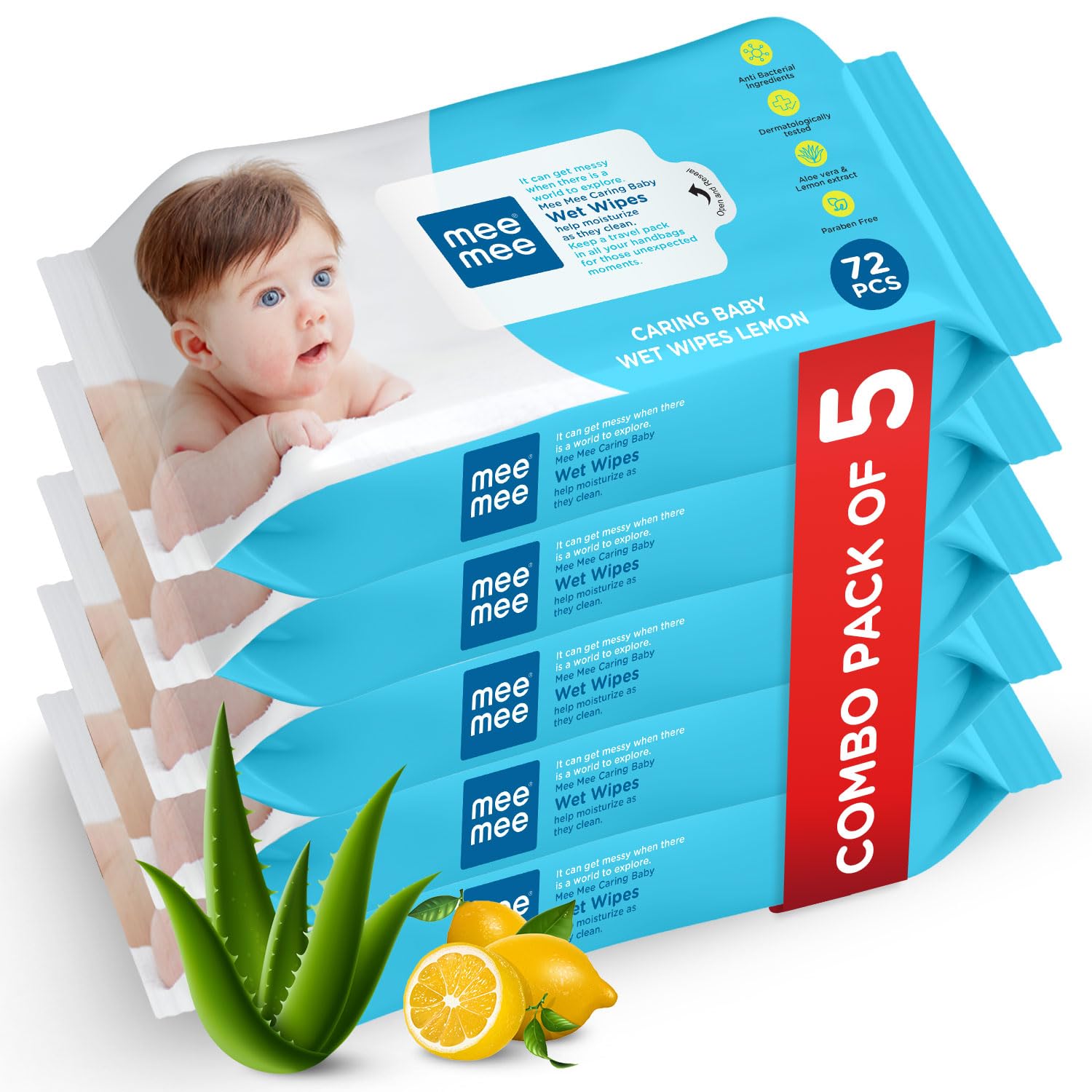 Mee Mee Wet Wipes for Baby Skin with Aloe Vera | 72 Wipes x Pack of 5-360 Wipes | Paraben Free, Fragrance Free, pH Balanced, Dermatologically Safe, Baby Wipes Combo
