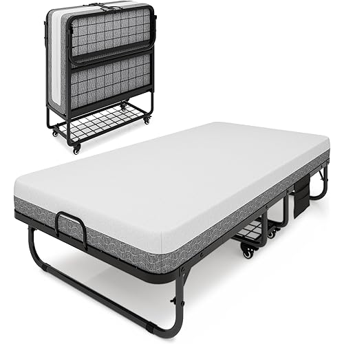 Folding Bed with Mattress, 76 x 38 Inch Roll Away Foldable Bed Frame Twin Size with Storage Shelf & Side Pocket, Portable Fold Up Guest Bed with Heavy-Duty Metal Frame for Adults, Space Saving