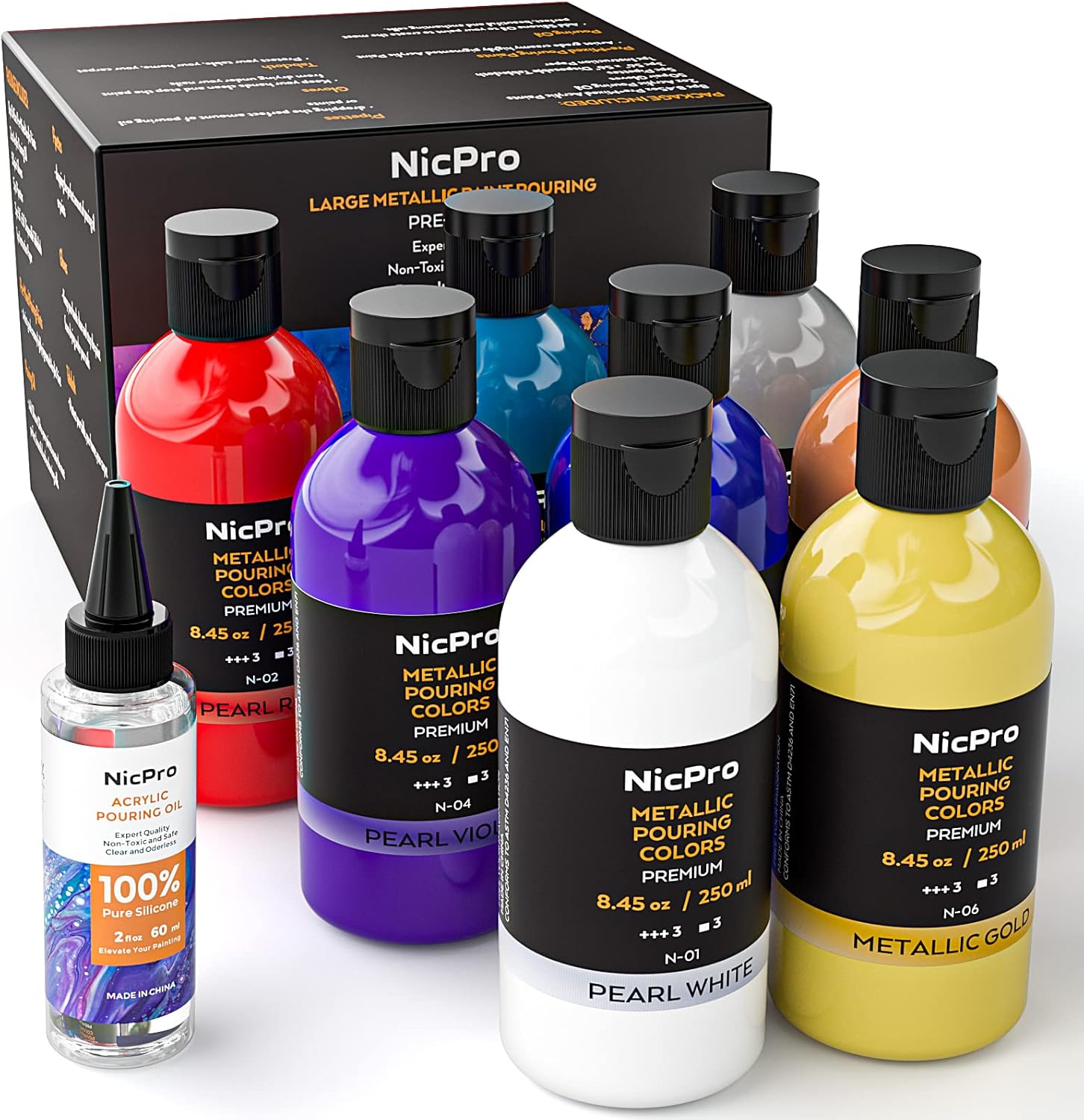 Nicpro 8 Colors 8.45oz Metallic Acrylic Pour Paint Supplies Kit, Large