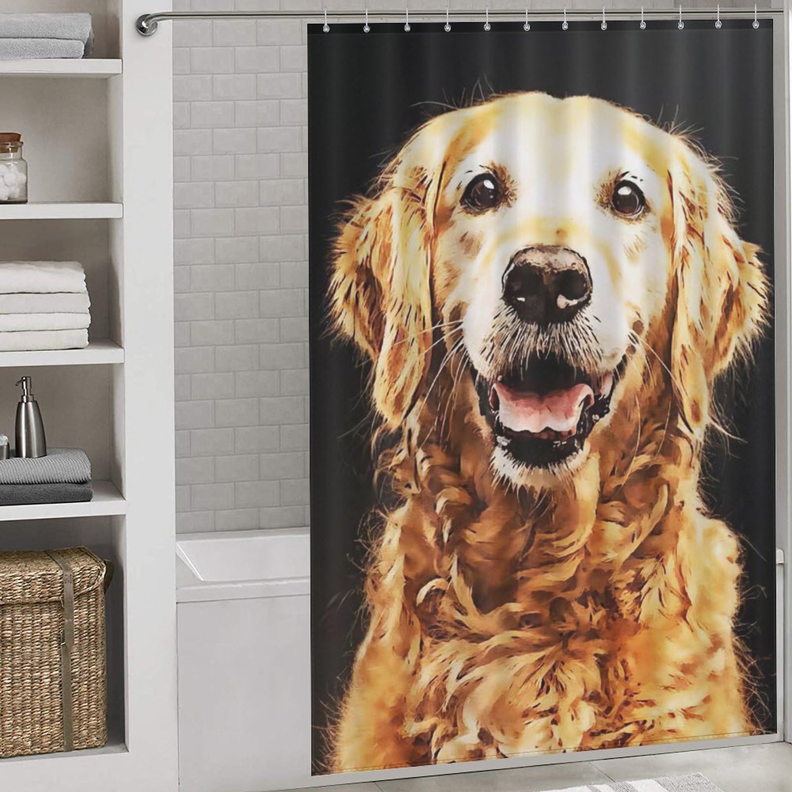 Rideau de douche chien mignon en polyester lavable et imperméable 152x183cm