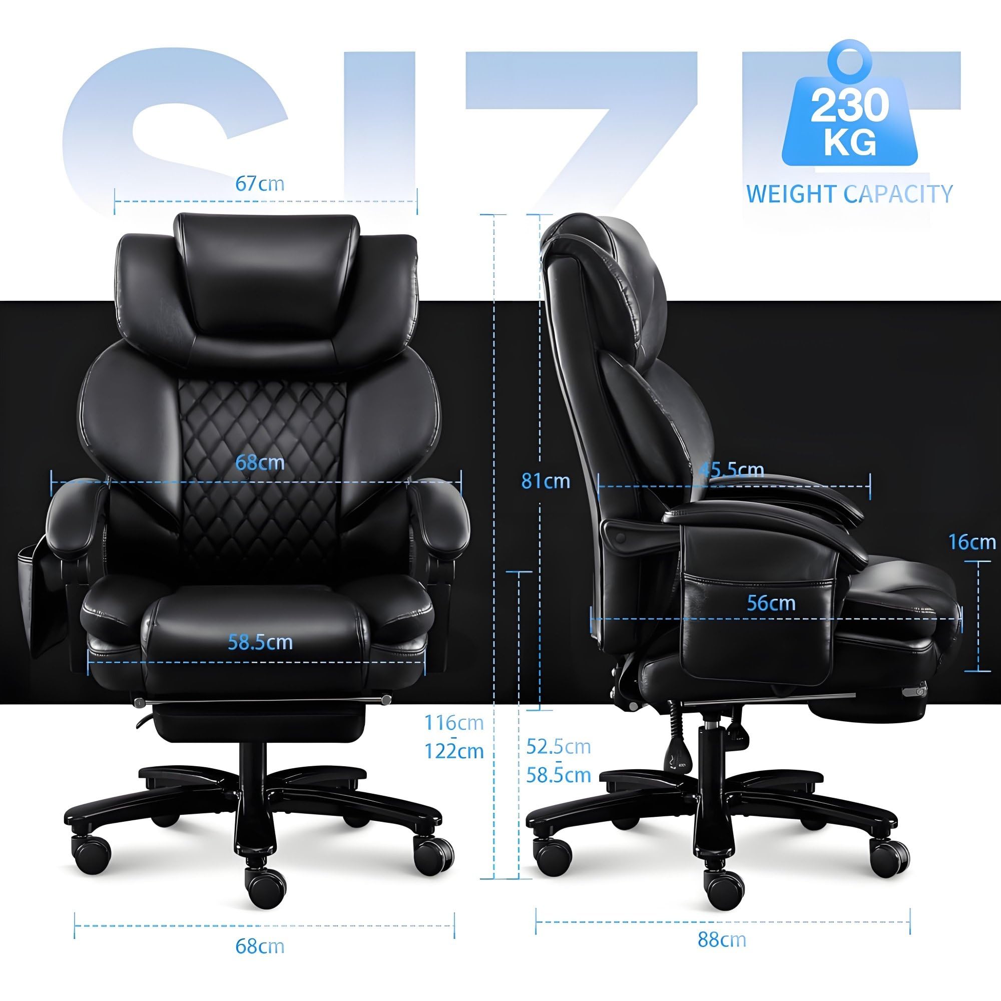 Wytrzymały czarny fotel biurowy, nośność 230 kg, z funkcją masażu, ergonomiczny duży fotel biurowy, regulowane oparcie, z pedałem i poduszką na talię, obrotowy fotel skórzany